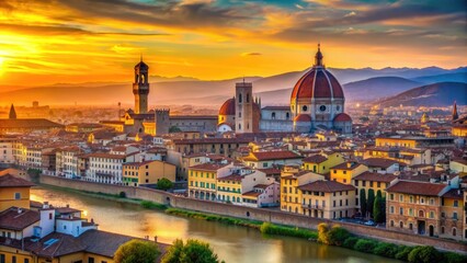 Vibrant sunset casts a golden glow on Florence's iconic terracotta rooftops, Duomo, and Ponte Vecchio, set against a backdrop of misty Tuscan hills and clear blue sky.