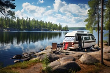 Tranquil motorhome camping experience by the picturesque lake shore for a peaceful getaway