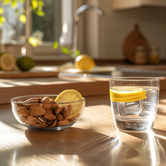 Refreshing lemon water with ice and almonds in a sunlit kitchen