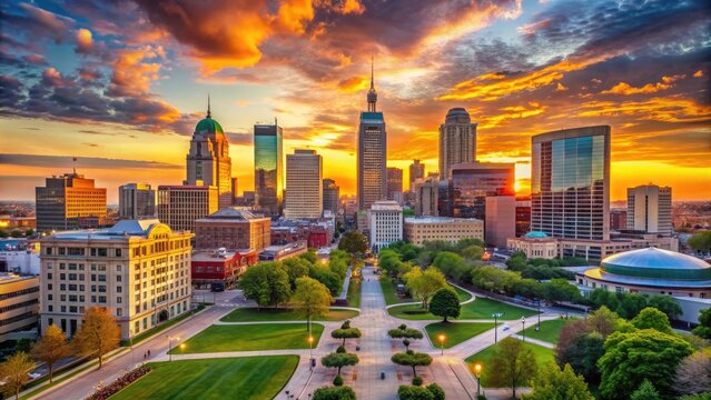 Vibrant sunset casts a warm glow on the eclectic mix of ancient and modern buildings that shape the iconic Indianapolis cityscape skyline.