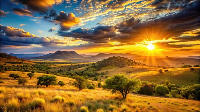 Vibrant sunset casts a warm golden light over the rolling hills and vast savannah landscape of South Africa's majestic natural beauty.