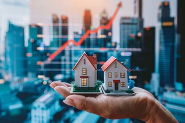 Two miniature houses rest on an outstretched hand, set against a backdrop of a rising graph and city skyline, symbolizing real estate growth.