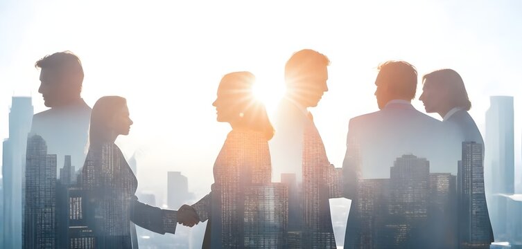 Silhouettes of a business team standing against a modern city skyline, with sunlight shining through the buildings.
