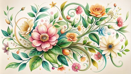 Vibrant illustration of intertwined flowers with delicate petals and verdant leaves, swirling together in a whimsical dance, set against a soft, creamy white background.