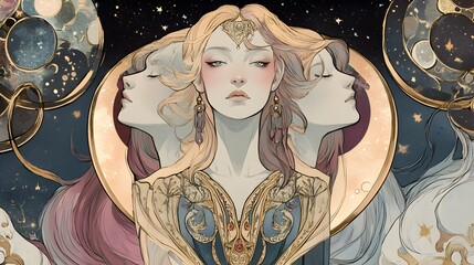 Celestial Triple Goddess  Mystical Woman  Moon and Stars  Spiritual Art  Feminine Energy