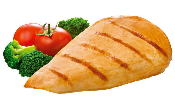 fil&eacute; de frango grelhado acompanhado de br&oacute;colis e tomate vermelho maduro isolado em fundo transparente