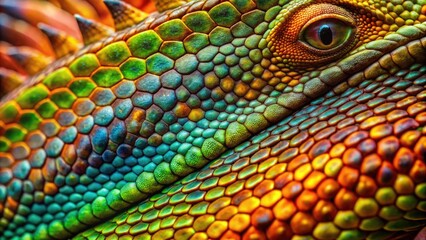 Fototapeta premium Vibrant, intricate scales of a reptile's skin, showcased in extreme close-up, revealing fascinating textures, patterns, and colors of nature's armored masterpiece.
