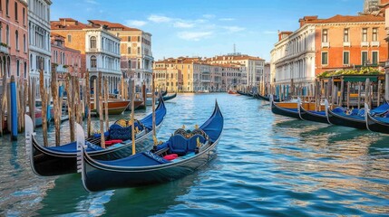 Fototapeta premium The Grand Canal in Venice, Italy, with its iconic gondolas and palaces, captured in a moment of complete stillness
