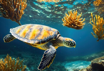 Obraz premium intricate close turtle shell captured highlighting unique patterns textures serene aquatic environment, underwater, design, marine, detail, creature, sea