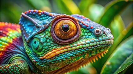 Obraz premium Vibrant, iridescent scales shimmer on a chameleon's intricate face, its large, round eyes gazing intensely, blending seamlessly into a leafy green background.
