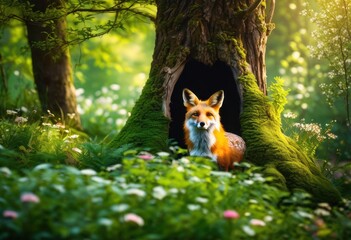 Obraz premium charming whimsical woodland animals flourishing their natural habitats surrounded lush greenery vibrant flora, wildlife, forest, nature, creatures, fauna