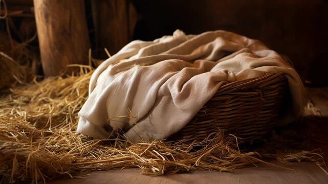 Empty wicker basket softly glows in warm light on straw, creating a serene, symbolic vibe. It exudes peace, hope, and tradition, perfect for christmas