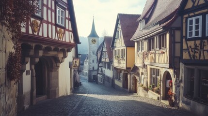 Fototapeta premium The historic streets of Rothenburg ob der Tauber in Germany, with half-timbered houses and cobblestone paths