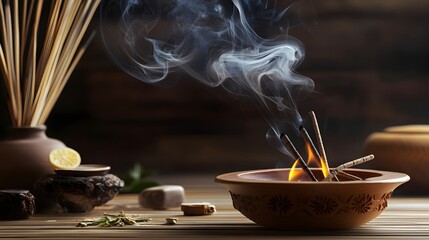 Close-up of incense sticks burning, with gentle smoke rising, capturing the essence of tranquility...