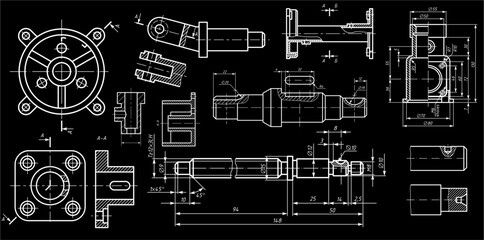 Vector engineering computer drawing of steel mechanical 
parts with through holes. 
Industrial cad scheme on white paper sheet. 
Technology background. Cad design.