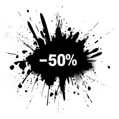 Black grunge stain with white inscription indicating a fifty percent discount on a sale