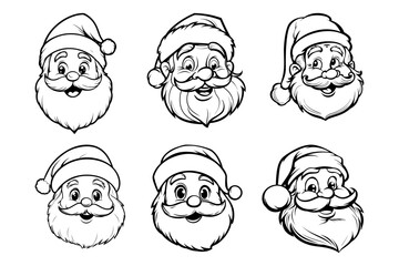 Simple cartoon style Santa Claus face vector black and white line drawing.