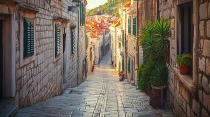 Fototapeta premium The medieval streets of Dubrovnik, Croatia, with ancient walls and narrow alleys, completely empty of people.