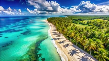 Vibrant turquoise waters meet powdery white sand beaches and lush green palm trees in a breathtaking panoramic view of the Dominican Republic's tropical coastline.