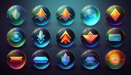 3d glass arrow icons set with refraction and holographic effect 