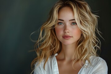 Naklejka premium Beautiful young blonde woman with natural wavy hair and glowing skin against dark background, perfect for beauty, fashion and lifestyle advertising.
