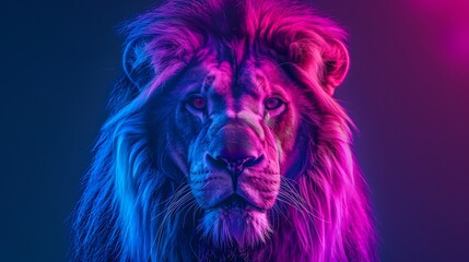 Naklejka premium A lion's head glowing against a neon background, symbolizing leadership and strength, the powerful imagery enhanced by vivid colors
