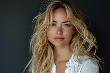 Fototapeta premium Portrait of young blonde woman with natural wavy hair and glowing skin against dark background, wearing white shirt. Perfect for beauty, skincare, and lifestyle advertising.