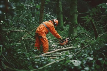 Obraz premium A worker clad in bright orange protective gear operates a chainsaw, cutting through thick branches in a dense woodland area.