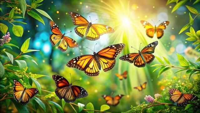 Vibrant monarch butterflies and delicate dragonflies hover amidst lush green foliage, their iridescent wings glimmering in the warm sunlight of a serene summer afternoon.