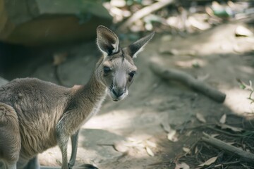 Fototapeta premium A kangaroo stands calmly in its natural habitat, surrounded by soft daylight and leafy greenery, evoking a serene atmosphere.