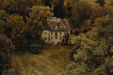 An enchanting, aged mansion nestled deeply within an autumnal forest, surrounded by lush foliage and exuding a mysterious charm.