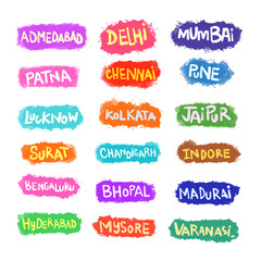 Colorful badge of cities in India, ink splash, texture background with handwriting text, watercolor background, indore, mysore, jaipur, chennai, chandigarh, varanasi, hyderabad, bengaluru, kolkata