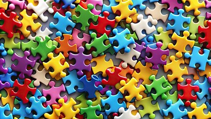 Vibrant multicolored puzzle pieces fit together seamlessly, symbolizing unity, diversity, and wholeness, against a bright white background, conveying a sense of entirety and completeness.