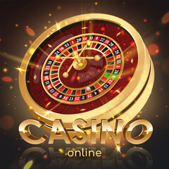 Golden casino roulette wheel with wood desk and cells on black background with golden light, rays, glare, sparkles. Vector illustration for casino, game design, advertising