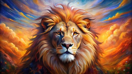 Naklejka premium Vibrant oil painting depicts a majestic lion's head, surrounded by swirling brushstrokes and abstract shapes, against a warm, sunset-inspired background with subtle texture.