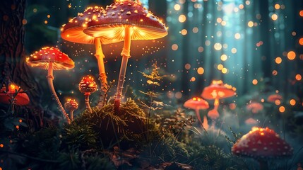 A magical forest scene illuminated by glowing mushrooms under a dark sky, creating an enchanting and otherworldly atmosphere