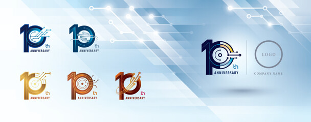 Set of 10th Anniversary logo design, Ten years Celebrate Anniversary Logo for celebration, Abstract Connected lines and dots Circuit Board, Global network connection, Digital technology, Logo 10