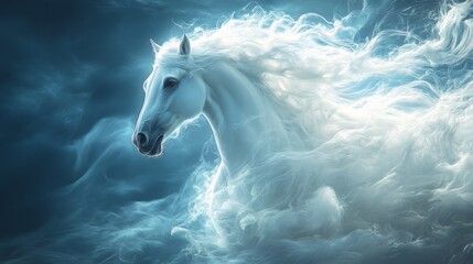 Dreamcore Portrait of a White and Blue Princess with Blue Wispy Smoke and Sea Scales: Beautiful Female Face, Symmetrical View, and Fantastical Blue Sea of Clouds with Translucent Horse in a Field of E