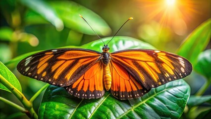 Fototapeta premium Vibrant orange and black butterfly perches delicately on a lush green leaf, its intricate wings and slender body glistening in the warm, soft sunlight.