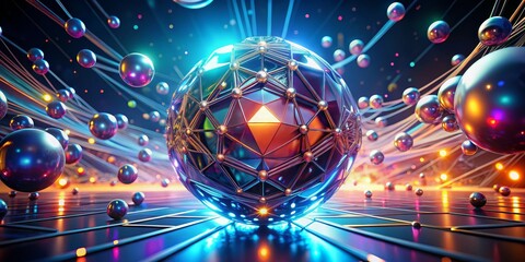 A Metallic Sphere Connected by a Network of Lines and Glowing with Energy, 3D Illustration, Abstract, Sphere, Network, ,
