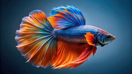 Fototapeta premium Vibrant orange and blue fish fin, sharply focused and delicately textured, with intricate scales and veins, against a soft, diffused blue-gray background.