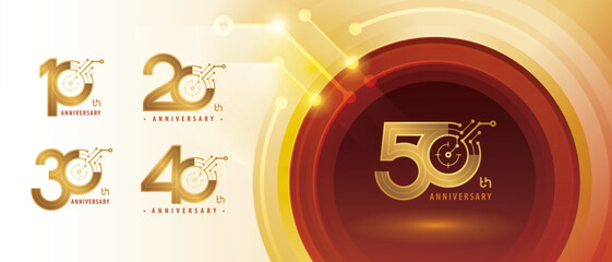 10, 20, 30, 40, 50 year Anniversary Logo, Ten to Fifty years Anniversary Logotype for Celebration, Abstract Connected Gold lines and dots Circuit Board, Global network connection, Digital technology,
