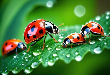 Fototapeta premium colorful macro ladybugs green leaves showcasing intricate details natural beauty, insect, beetle, leaf, vibrant, outdoor, wildlife, nature, flora, garden