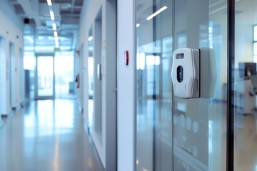 Naklejka premium A modern office hallway with glass walls, featuring a sophisticated electronic security access system mounted beside a door.