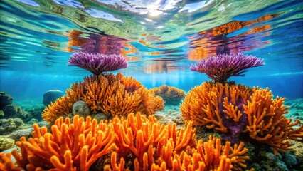 Obraz premium Vibrant orange and purple coral polyps sway gently in the current, their delicate tentacles waving amidst a backdrop of shimmering turquoise water and soft sunlight.