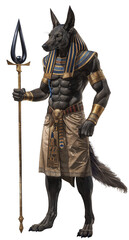 Anthropomorphic jackal deity Anubis in Egyptian attire. Muscular torso, ornate headdress, and ceremonial staff, golden accessories and traditional shendyt skirt. Isolated ancient mythology character