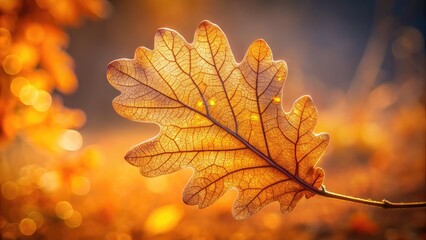 Fototapeta premium Vibrant orange and yellow hues illuminate the delicate, lacy veins and intricate edges of a single oak leaf, set against a soft, muted autumnal background.