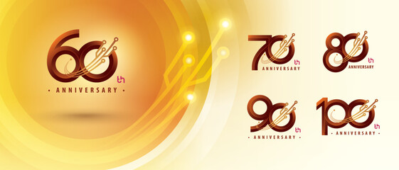 60, 70, 80, 90, 100 year Anniversary logotype design, Sixty to Hundred years Logo for Celebration, Abstract Connected Curved lines and dots Circuit Board, Global network connection, Digital technology