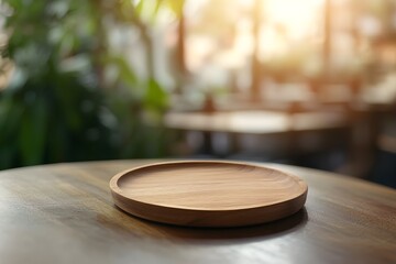 Obraz premium Empty wooden plate on a table in a cozy blurred café with natural lighting 