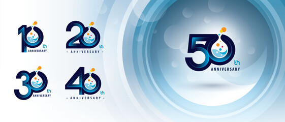 10, 20, 30, 40, 50 year Anniversary logo design, Ten to Fifty years Anniversary Logo for Celebration, Chemical Test tube Molecule structure particle, Chemistry Science Biotechnology, molecular biology
